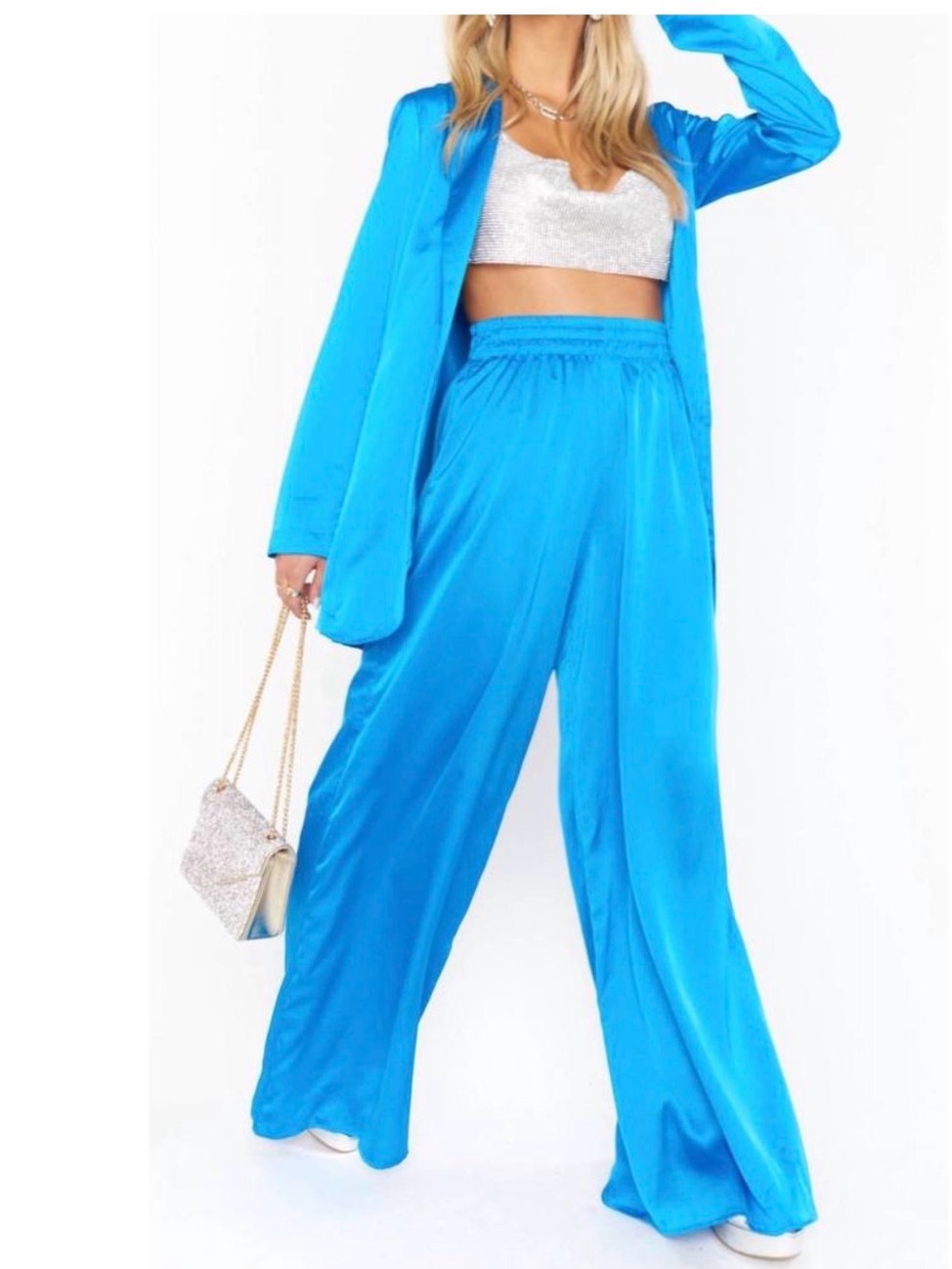 Show me your mumu wide leg satin pants pockets in blue size small